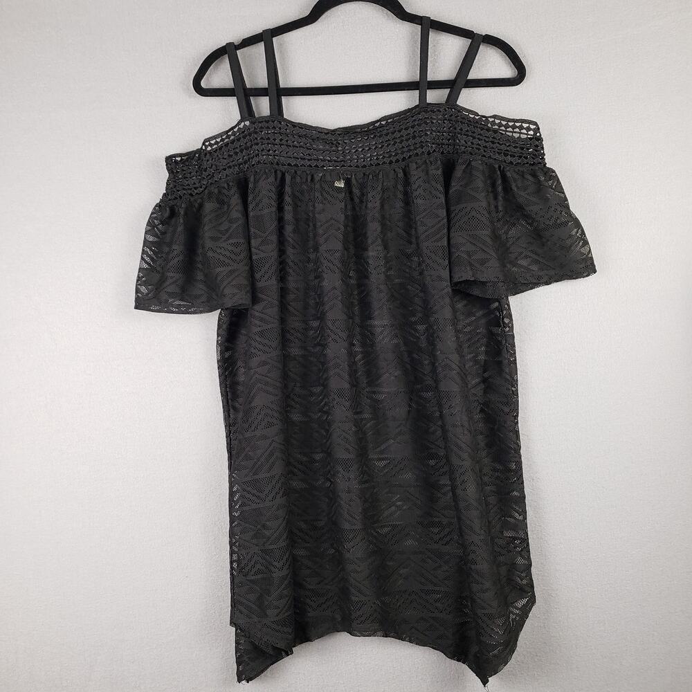Miken Swim Women's Size L Off Shoulder Swimsuit Cover Up Dress Black Lace Beach‎